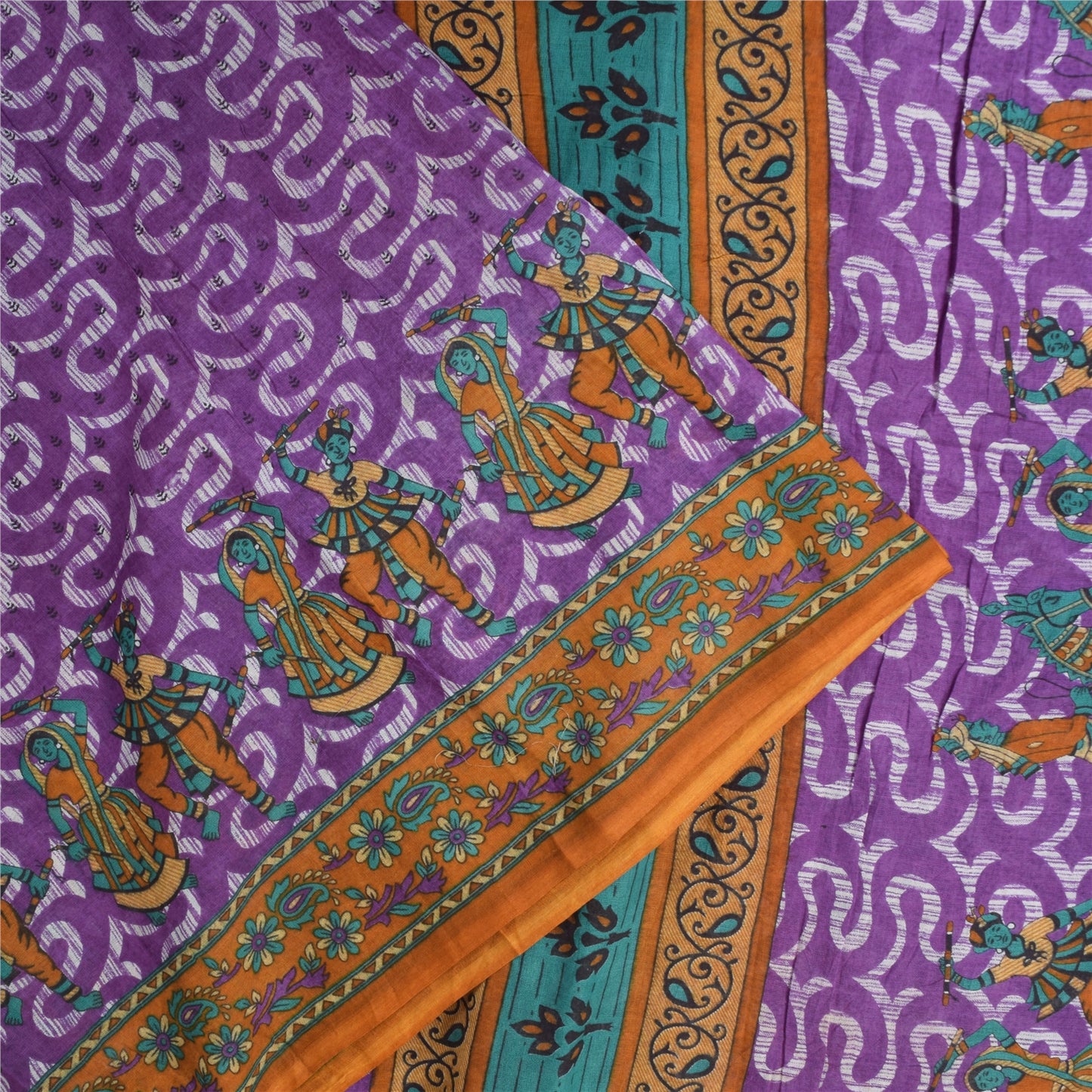 Sanskriti Vintage Sarees Purple Pure Cotton Human Printed Sari 5+yd Craft Fabric