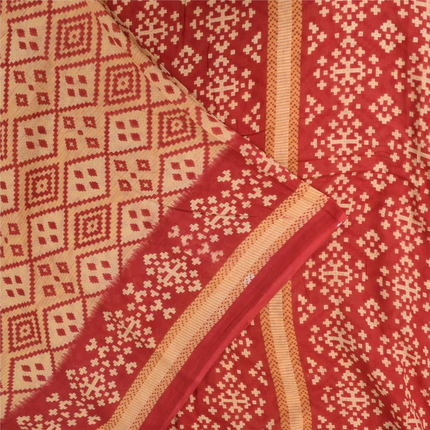 Sanskriti Vintage Sarees Peach/Red Patan Patola Pure Cotton Printed Sari Fabric