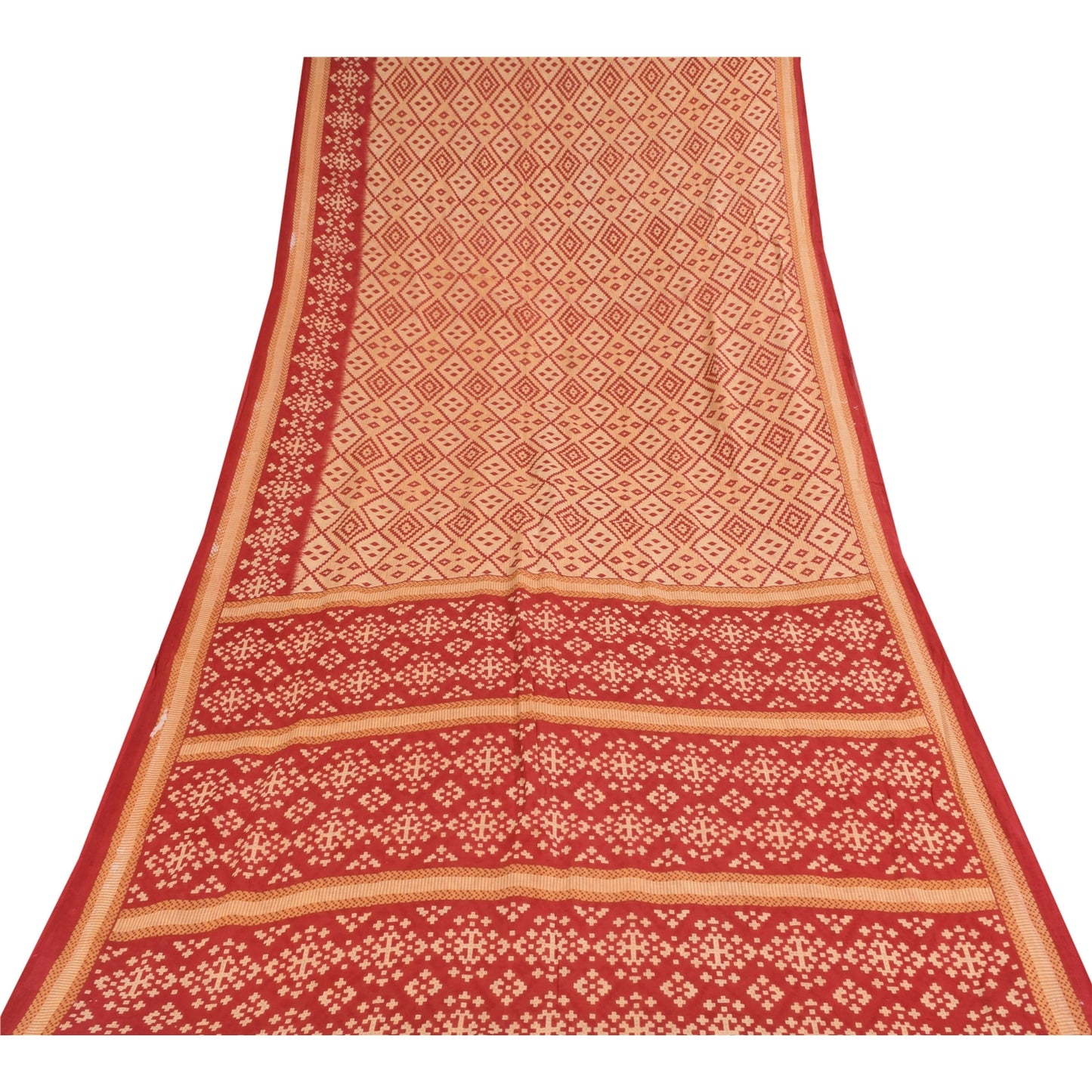 Sanskriti Vintage Sarees Peach/Red Patan Patola Pure Cotton Printed Sari Fabric