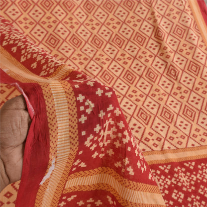 Sanskriti Vintage Sarees Peach/Red Patan Patola Pure Cotton Printed Sari Fabric