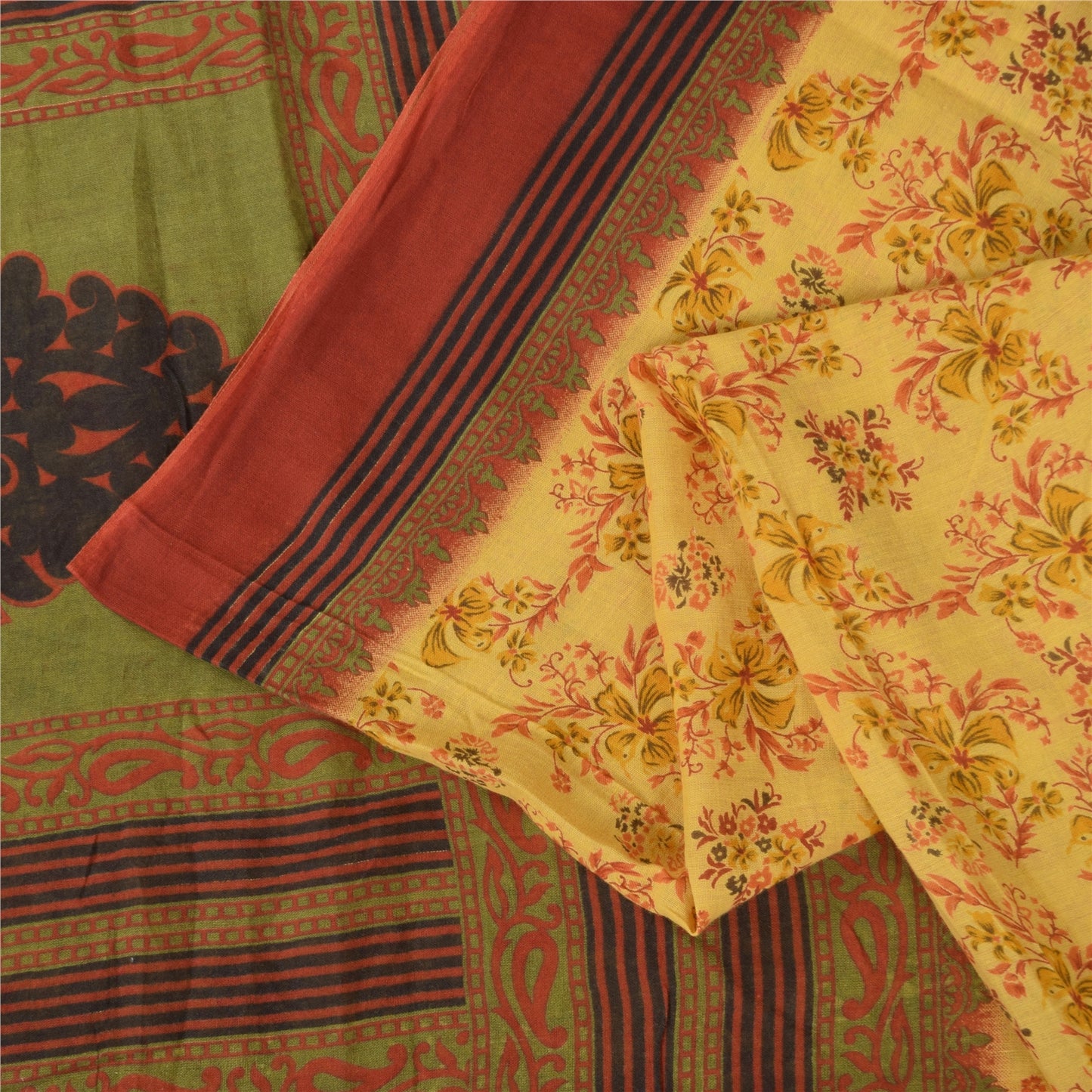 Sanskriti Vintage Sarees Yellow 100% Pure Cotton Printed Sari 5+yd Craft Fabric