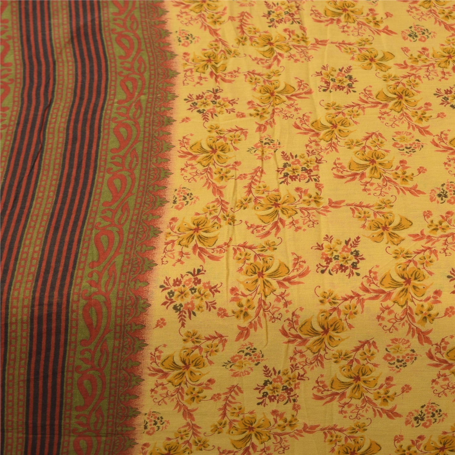 Sanskriti Vintage Sarees Yellow 100% Pure Cotton Printed Sari 5+yd Craft Fabric