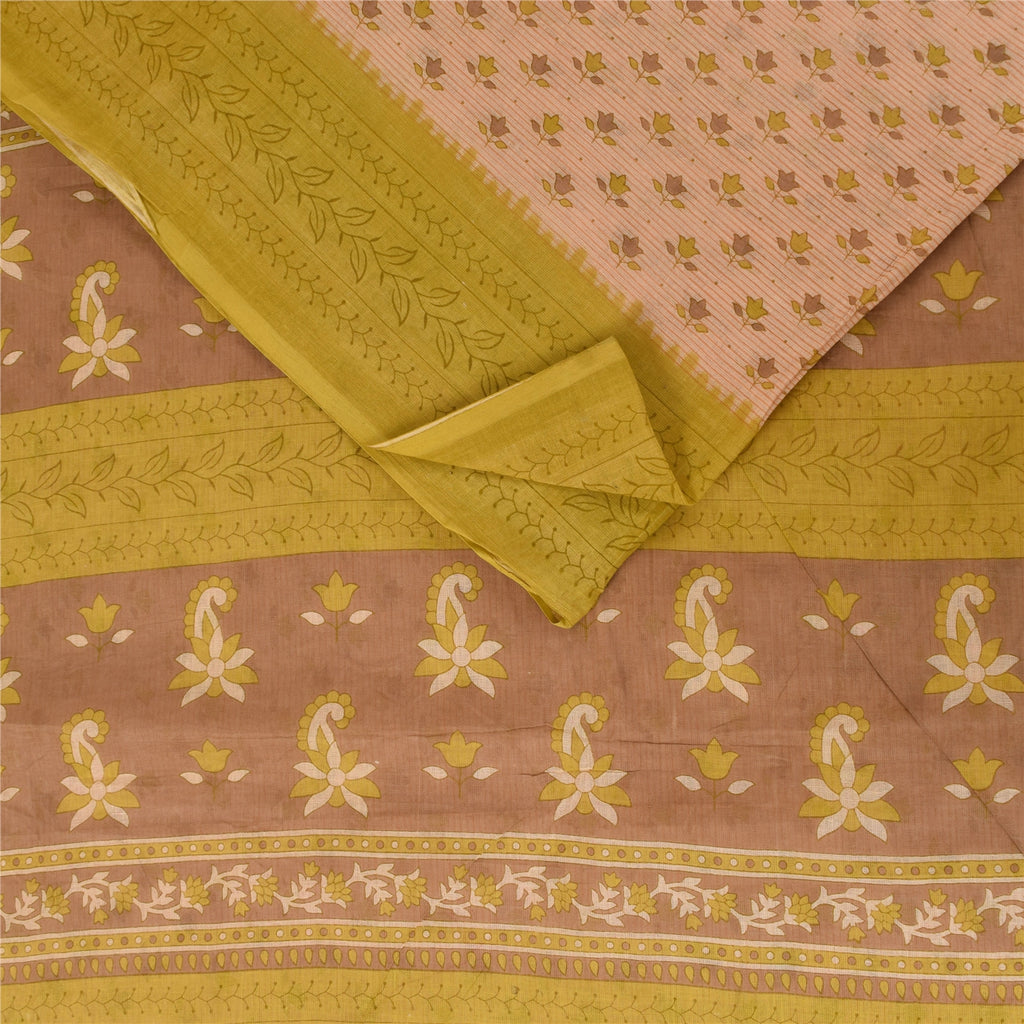 Sanskriti Vintage Sarees Peach 100% Pure Cotton Printed Sari 5+yd Craft Fabric