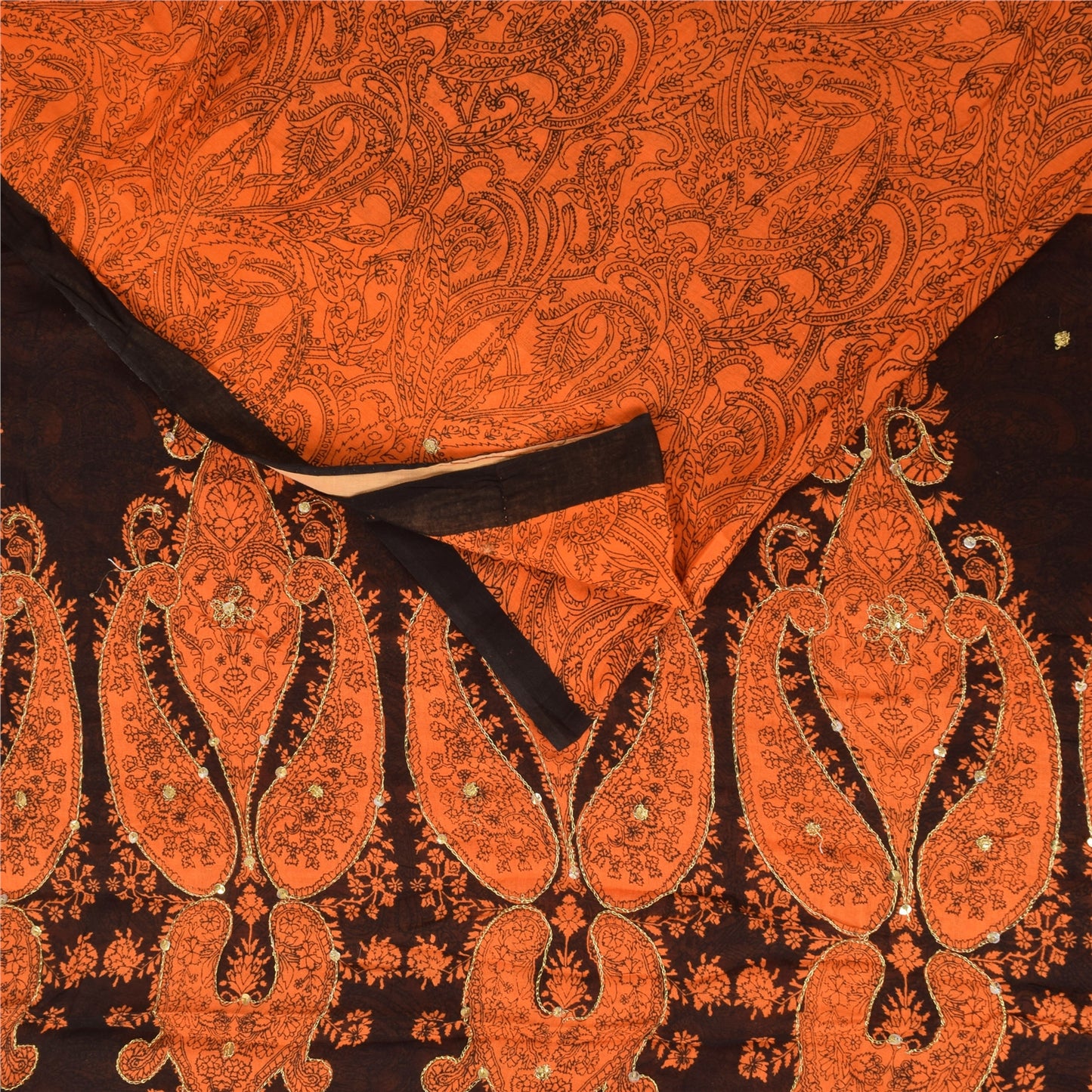 Sanskriti Vintage Sarees Orange Embroidered Printed Pure Cotton Sari 5+yd Fabric