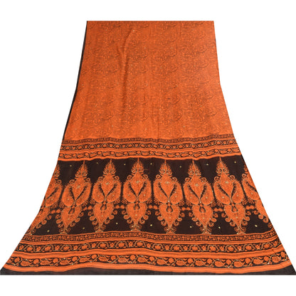 Sanskriti Vintage Sarees Orange Embroidered Printed Pure Cotton Sari 5+yd Fabric