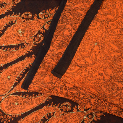 Sanskriti Vintage Sarees Orange Embroidered Printed Pure Cotton Sari 5+yd Fabric