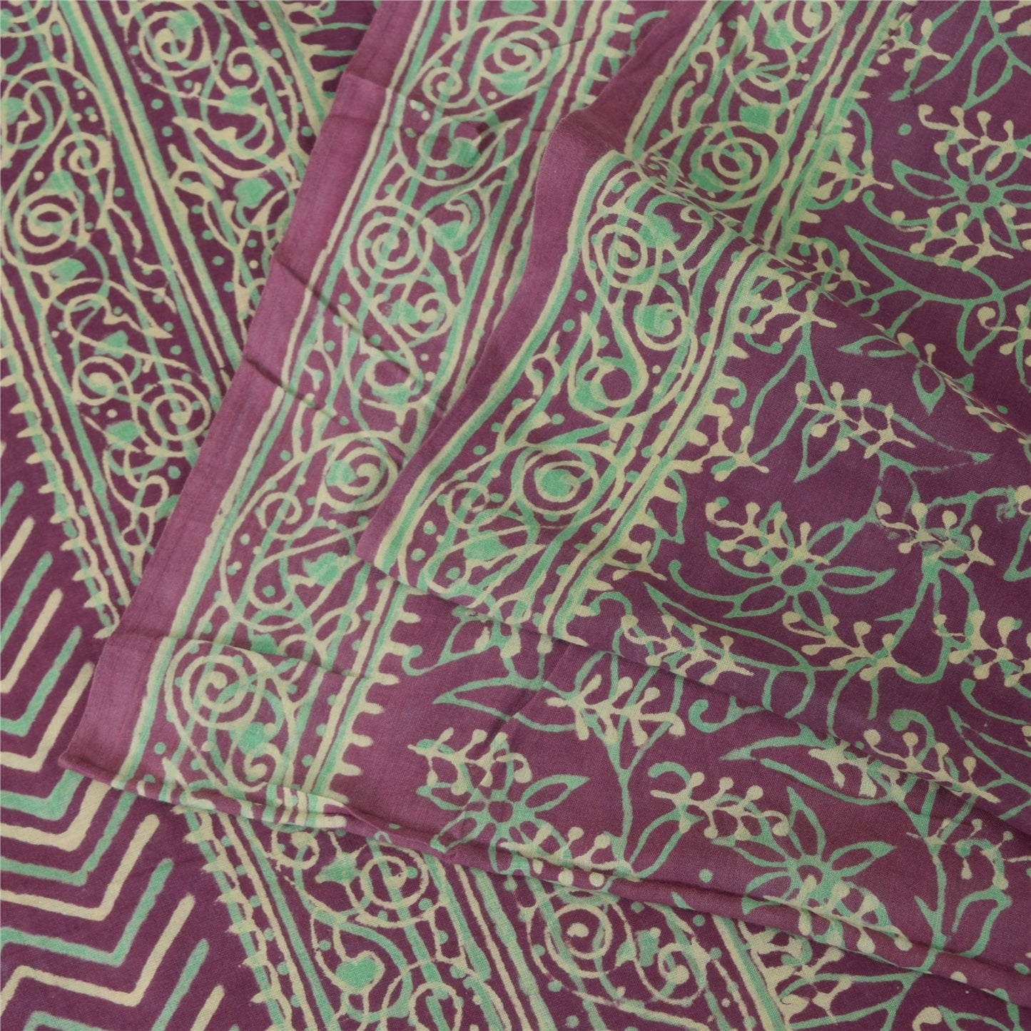 Sanskriti Vintage Sarees Purple Hand Block Printed Pure Cotton Sari 5+yd Fabric