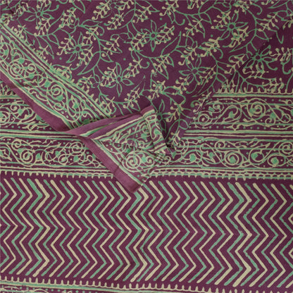 Sanskriti Vintage Sarees Purple Hand Block Printed Pure Cotton Sari 5+yd Fabric