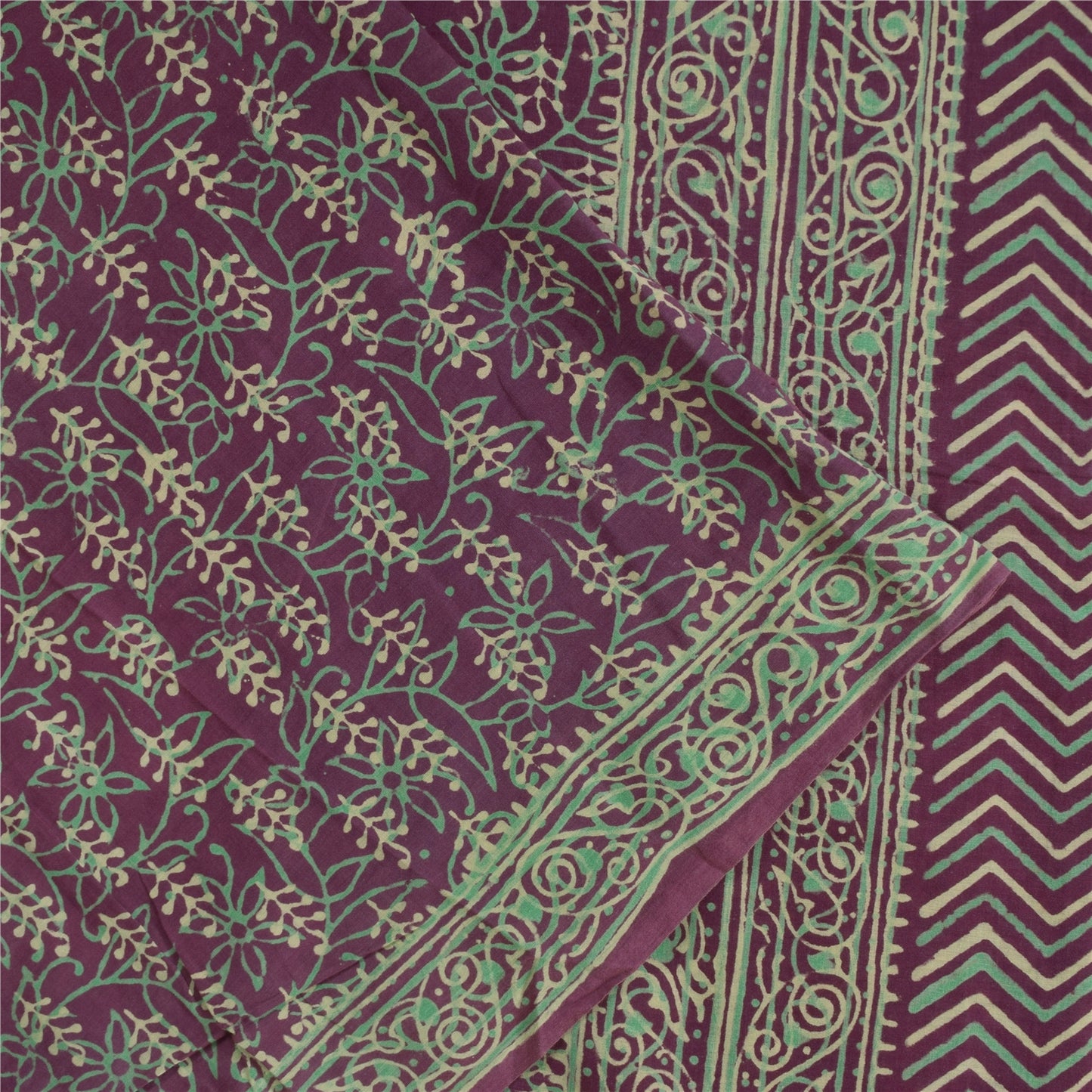 Sanskriti Vintage Sarees Purple Hand Block Printed Pure Cotton Sari 5+yd Fabric