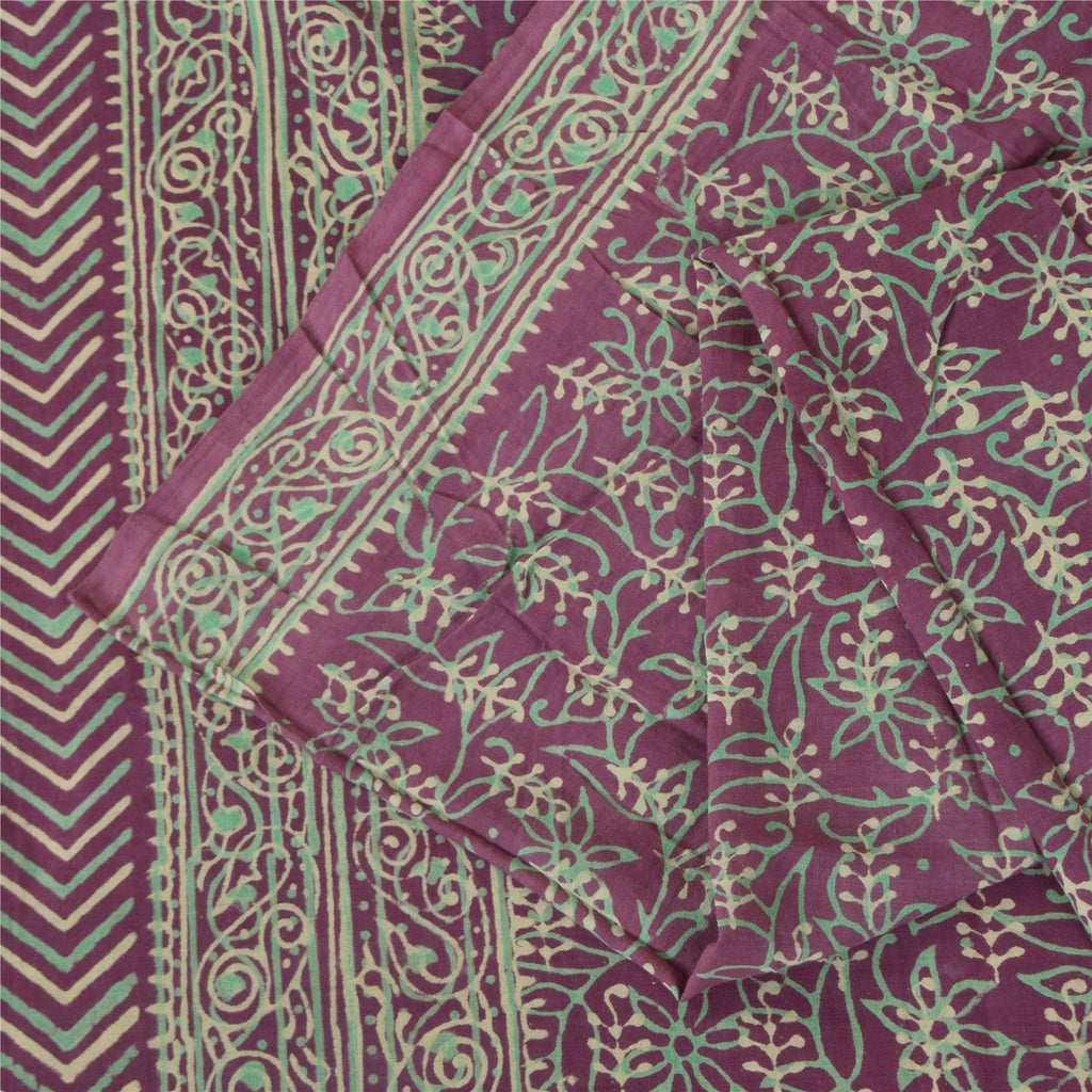 Sanskriti Vintage Sarees Purple Hand Block Printed Pure Cotton Sari 5+yd Fabric