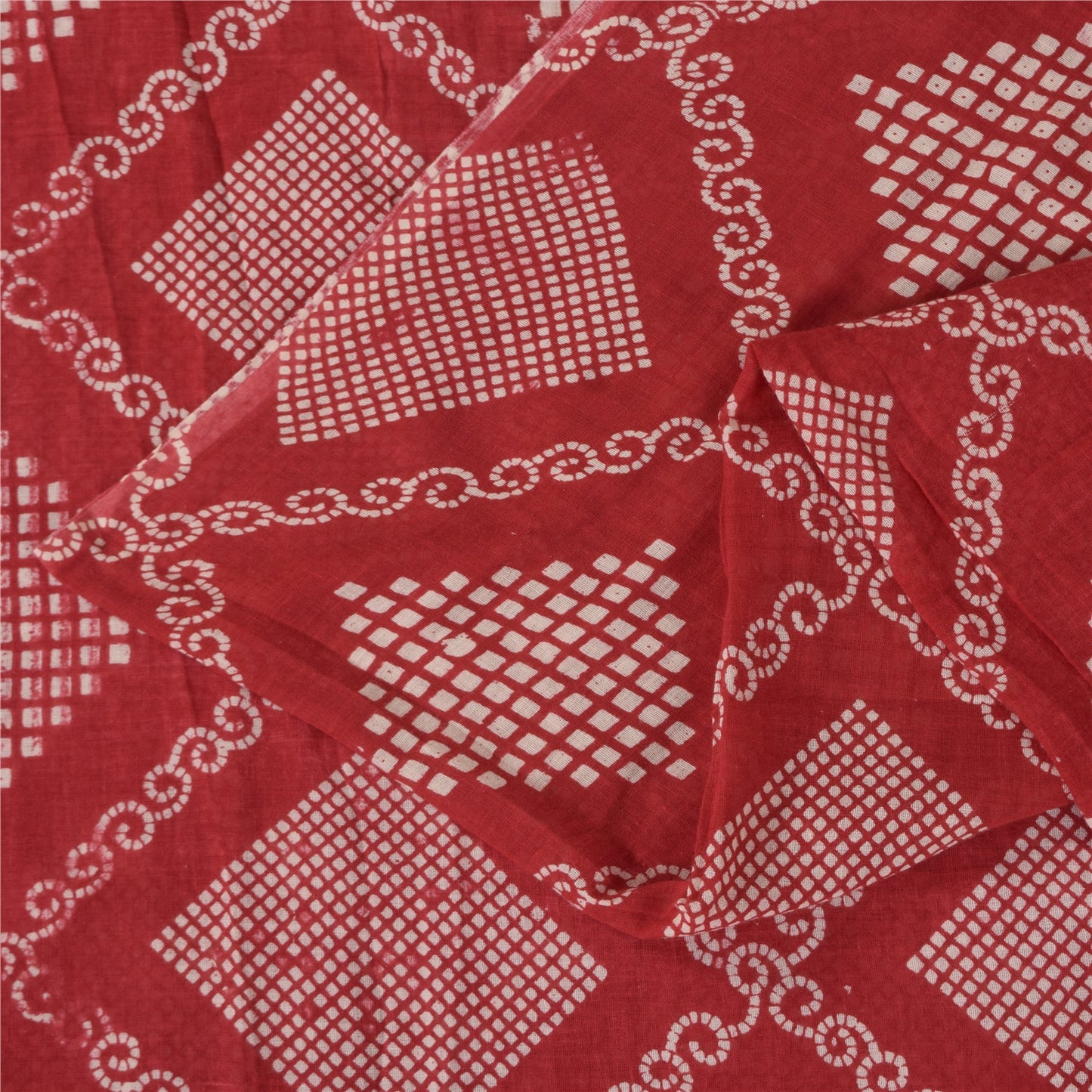 Sanskriti Vintage Sarees Red Bandhani Printed Pure Cotton Sari 5+yd Craft Fabric