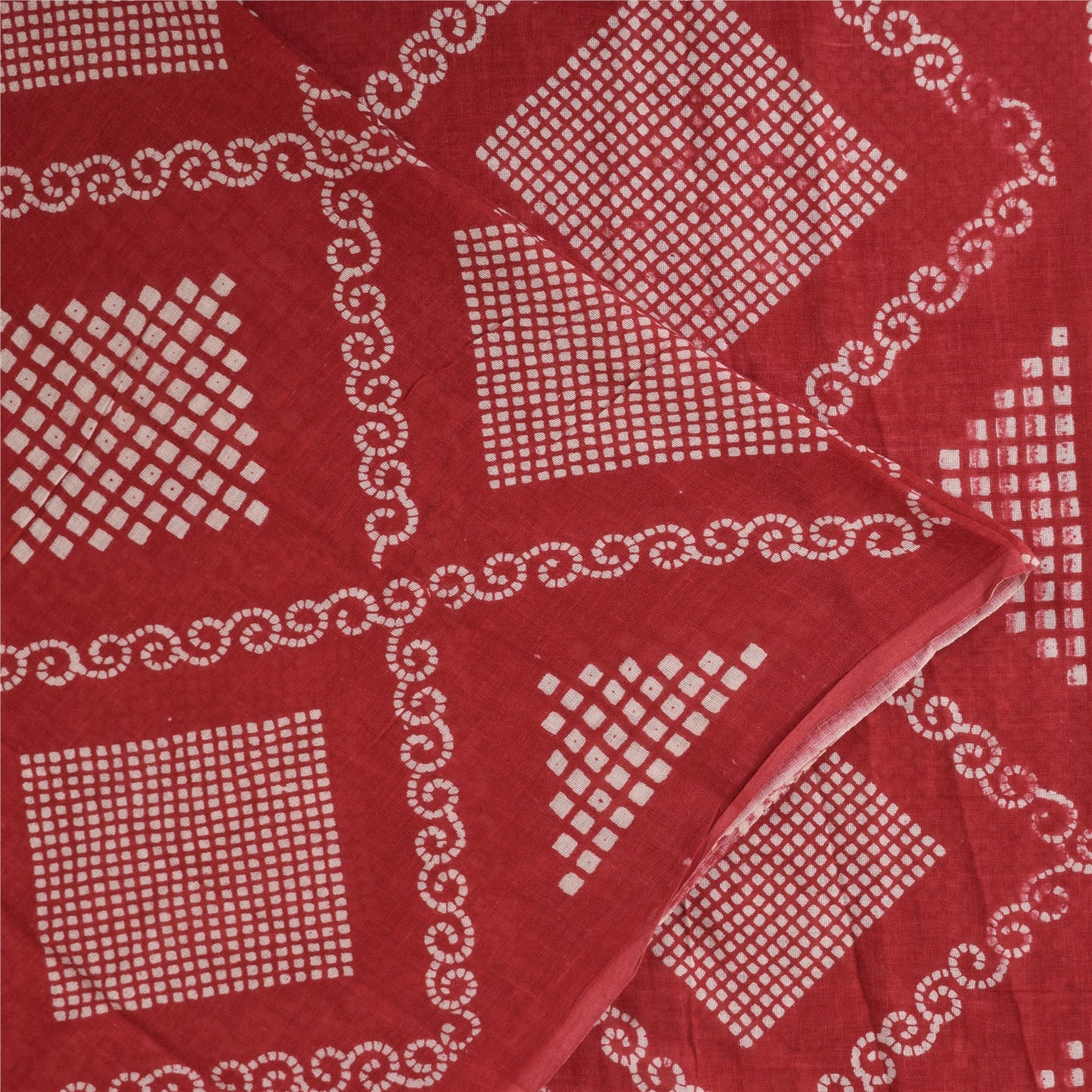 Sanskriti Vintage Sarees Red Bandhani Printed Pure Cotton Sari 5+yd Craft Fabric