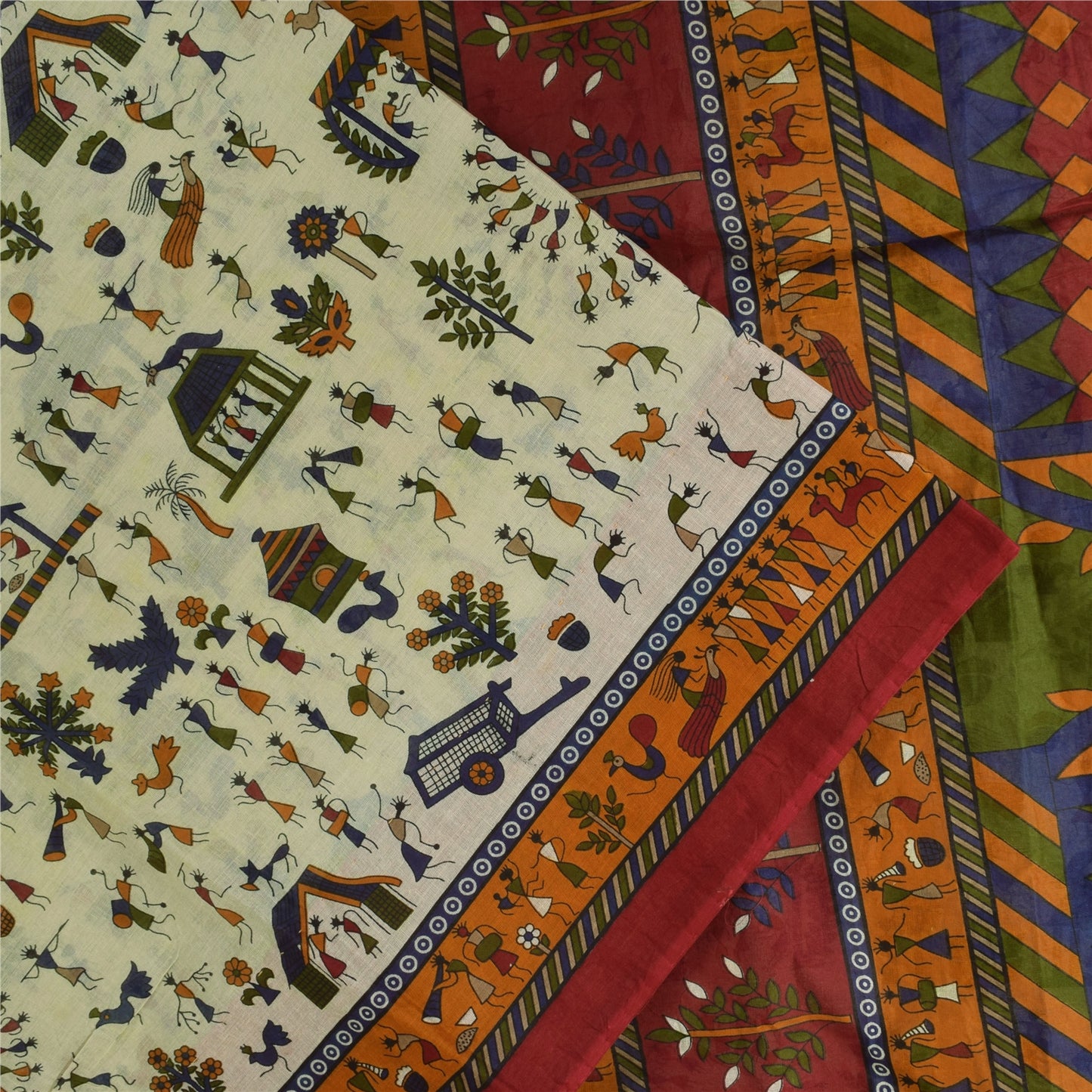 Sanskriti Vintage Sarees Warli Art Pure Cotton Tribal Human Printed Sari Fabric