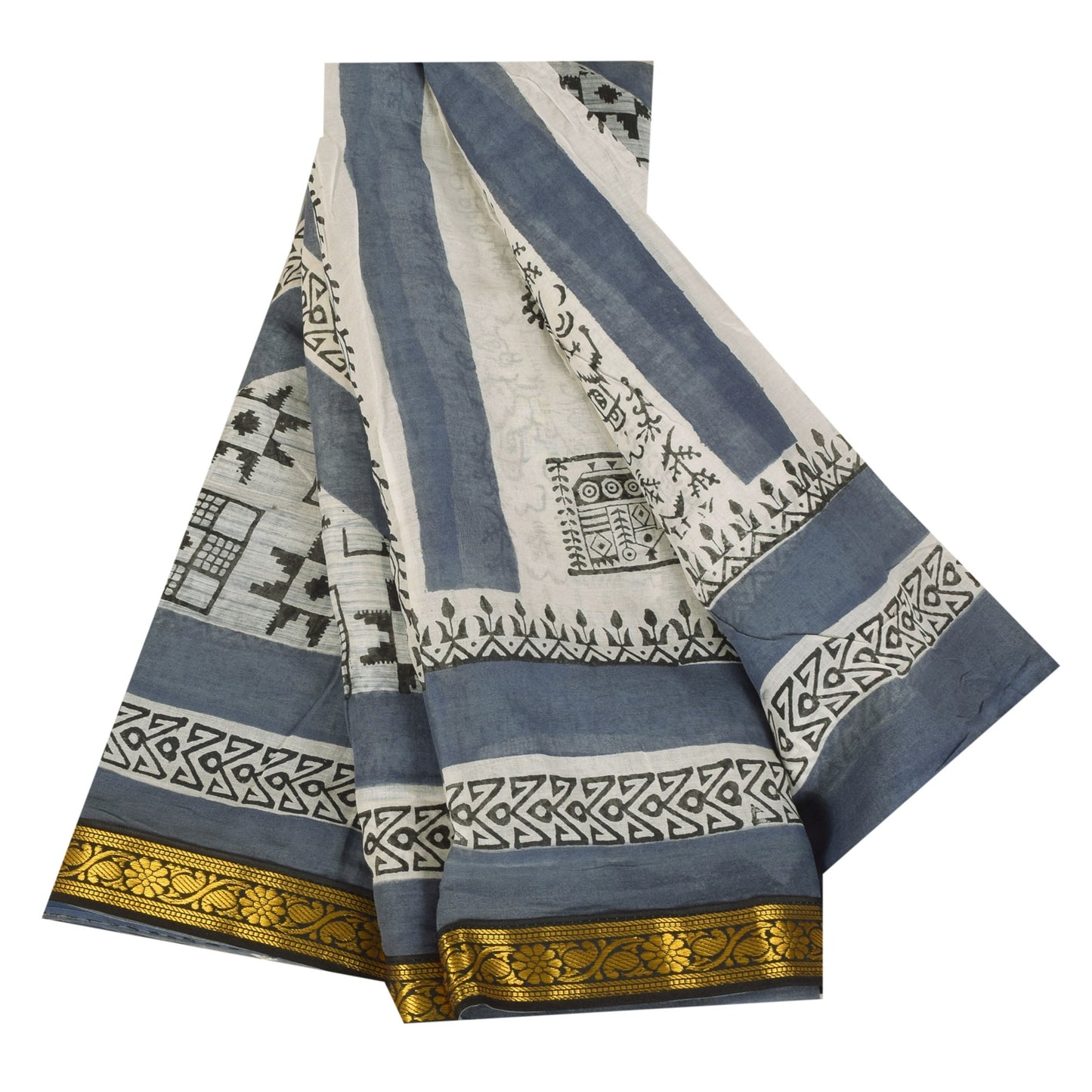 Sanskriti Vintage Sarees Gray/White Pure Cotton Printed Sari 5+yd Craft Fabric