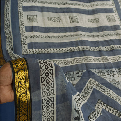 Sanskriti Vintage Sarees Gray/White Pure Cotton Printed Sari 5+yd Craft Fabric