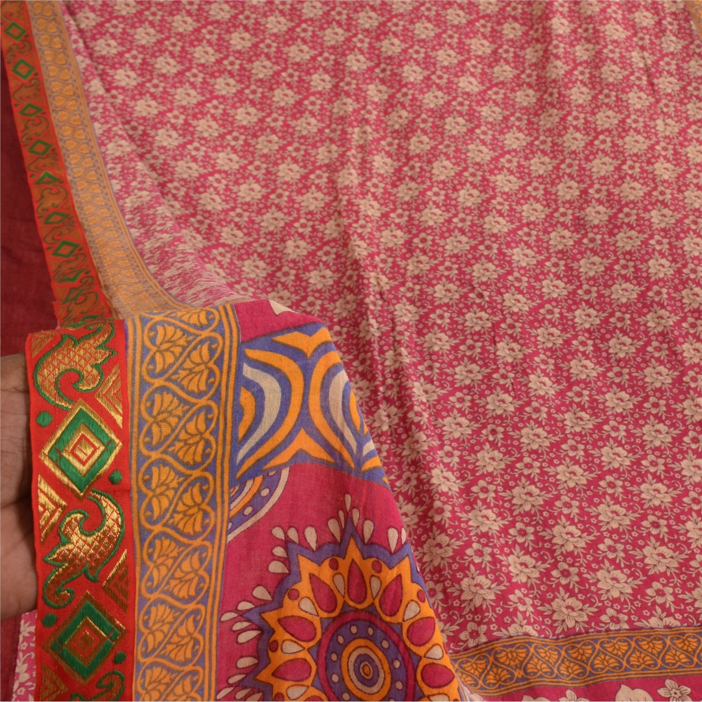 Sanskriti Vintage Sarees Indian Pink Pure Cotton Printed Sari 5+yd Craft Fabric