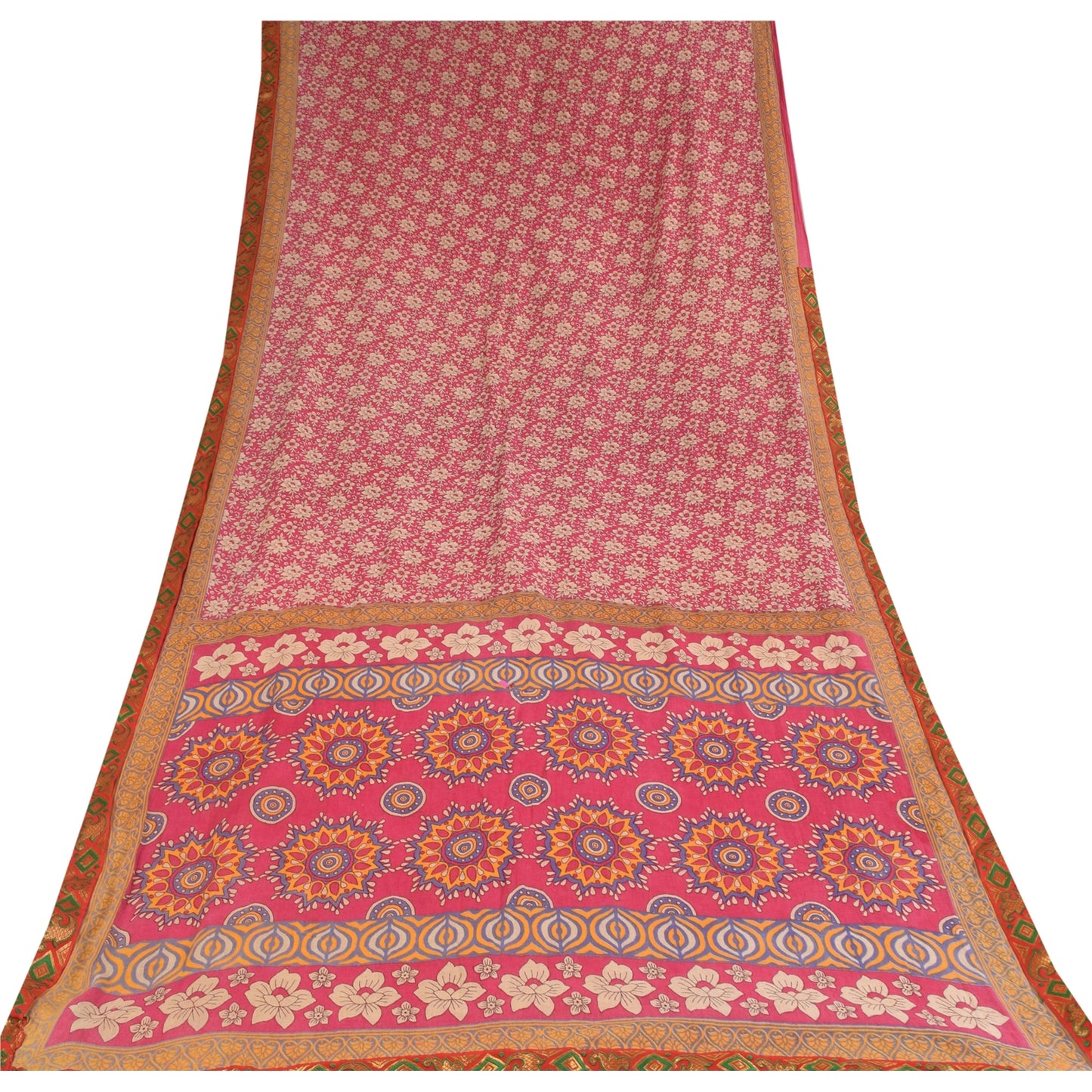 Sanskriti Vintage Sarees Indian Pink Pure Cotton Printed Sari 5+yd Craft Fabric