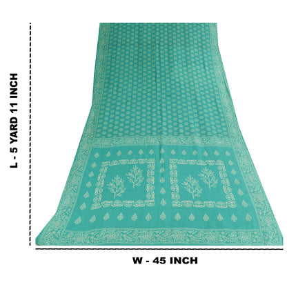 Sanskriti Vintage Sarees Sea-Green Block Printed Pure Cotton Sari 5+yd Fabric