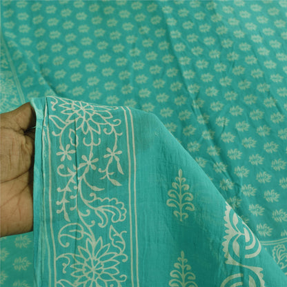 Sanskriti Vintage Sarees Sea-Green Block Printed Pure Cotton Sari 5+yd Fabric