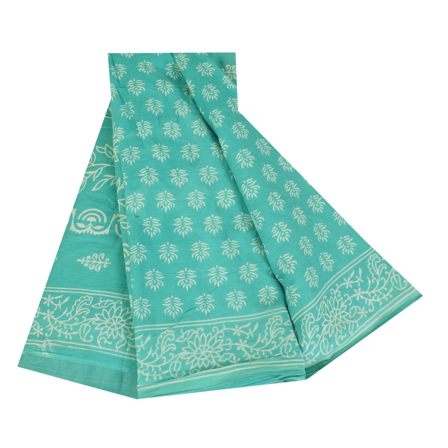 Sanskriti Vintage Sarees Sea-Green Block Printed Pure Cotton Sari 5+yd Fabric