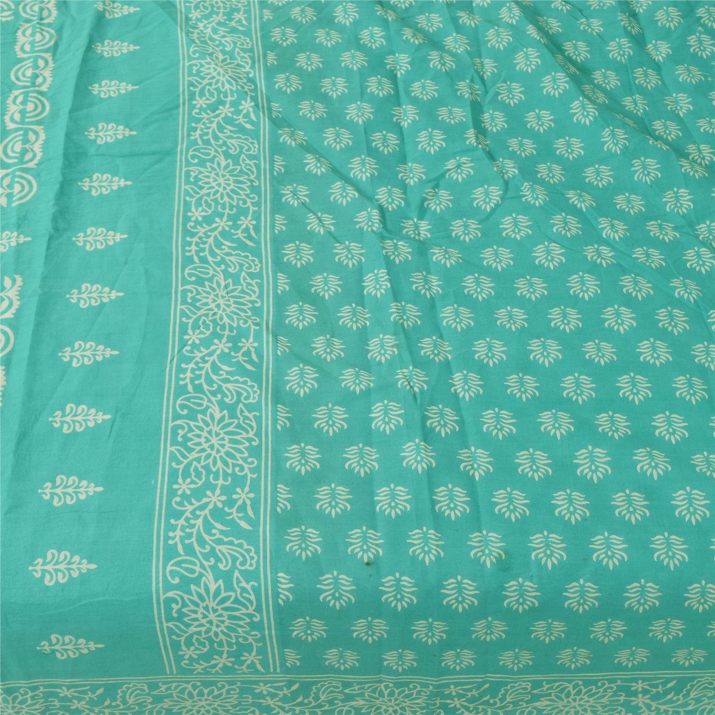 Sanskriti Vintage Sarees Sea-Green Block Printed Pure Cotton Sari 5+yd Fabric