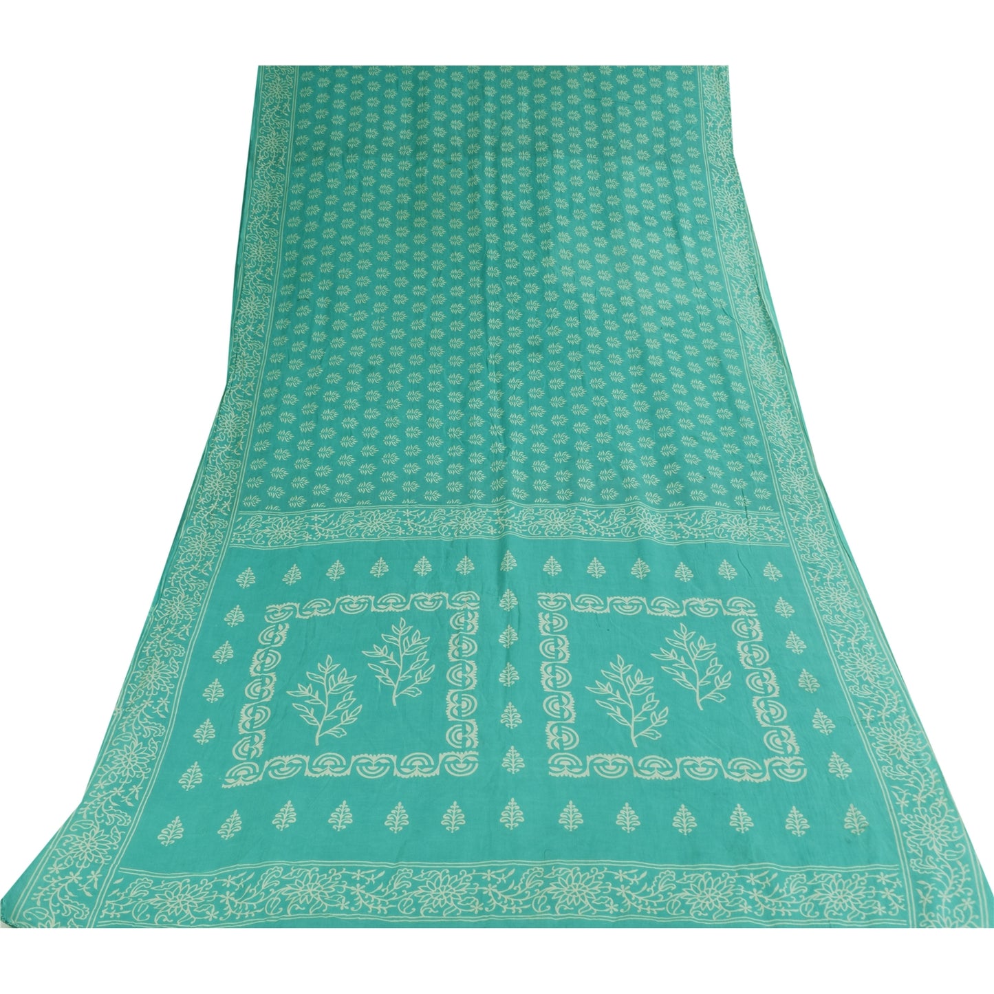 Sanskriti Vintage Sarees Sea-Green Block Printed Pure Cotton Sari 5+yd Fabric