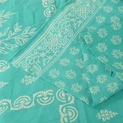 Sanskriti Vintage Sarees Sea-Green Block Printed Pure Cotton Sari 5+yd Fabric