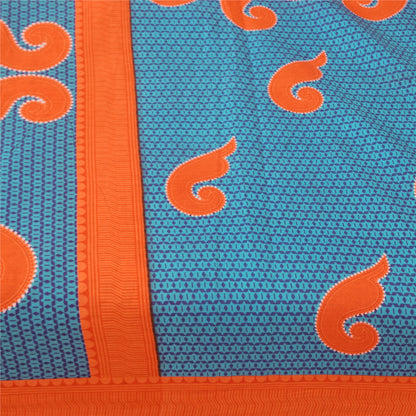 Sanskriti Vintage Sarees Blue/Orange Pure Cotton Printed Sari 5+yd Craft Fabric