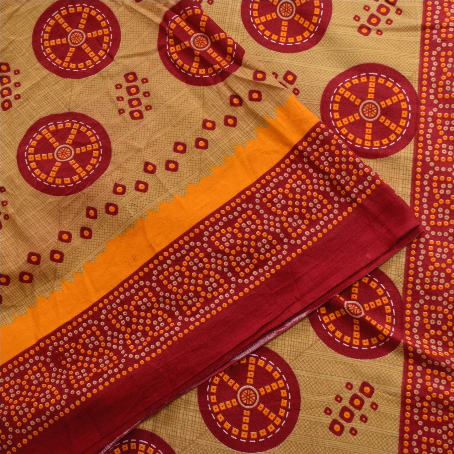 Sanskriti Vintage Sarees Red/Cream Bandhani Pure Cotton Printed Sari 5+yd Fabric