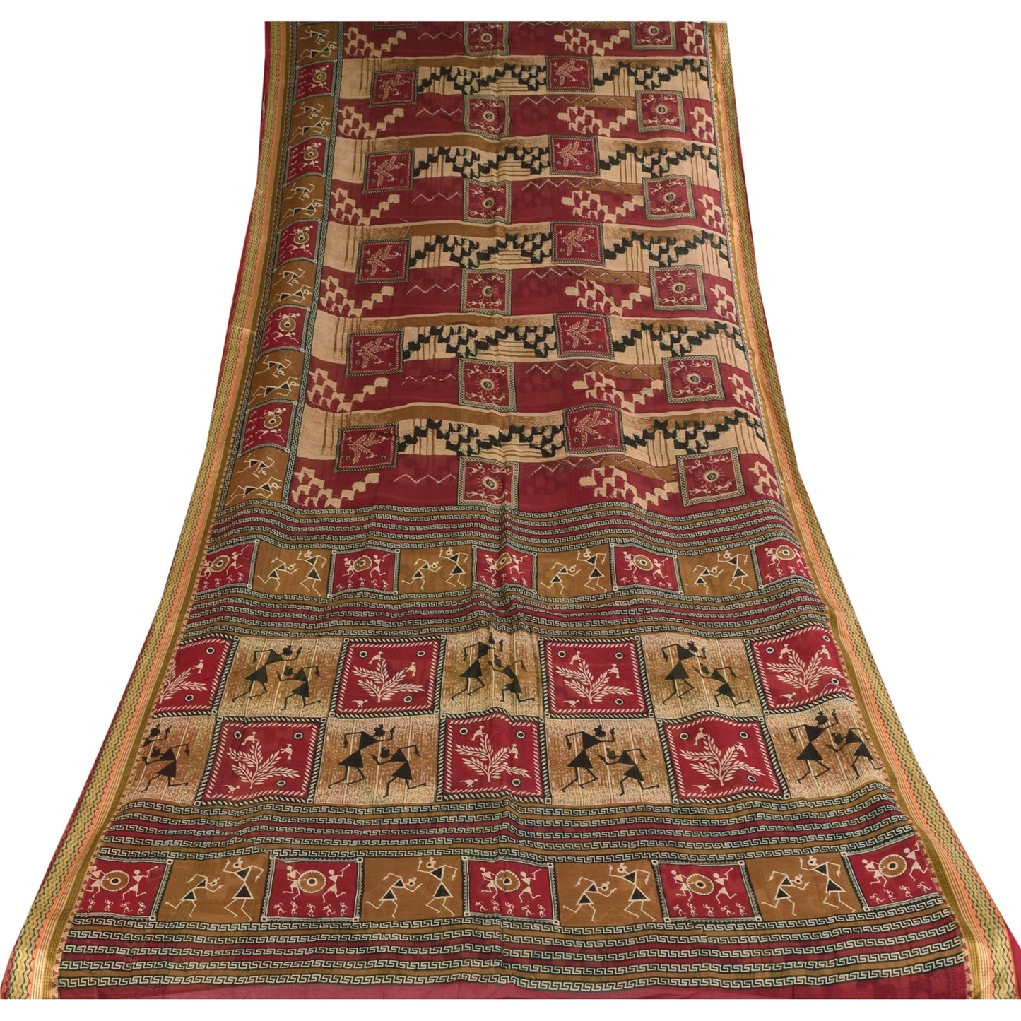 Sanskriti Vintage Sarees Red/Cream Warli Art Pure Cotton Print Sari 5+yd Fabric