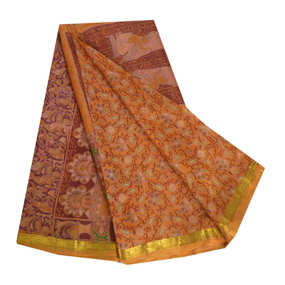 Sanskriti Vintage Sarees Indian Saffron Printed Pure Silk Sari 5yd Craft Fabric