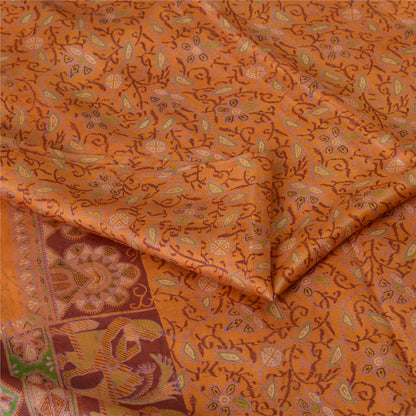 Sanskriti Vintage Sarees Indian Saffron Printed Pure Silk Sari 5yd Craft Fabric