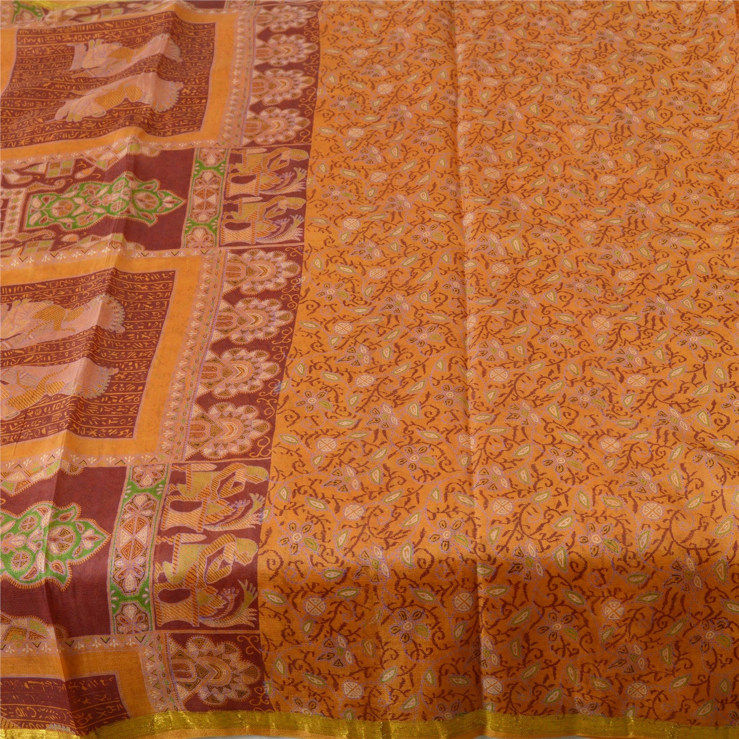 Sanskriti Vintage Sarees Indian Saffron Printed Pure Silk Sari 5yd Craft Fabric