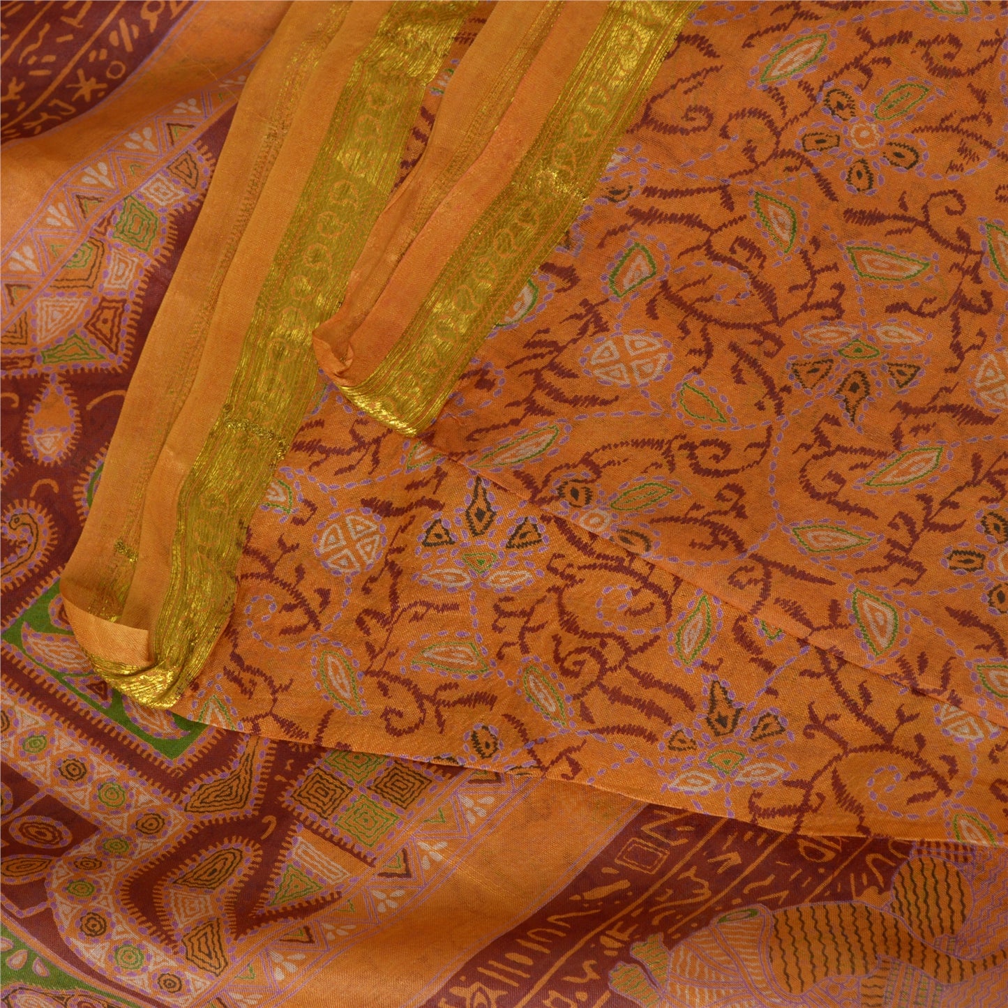 Sanskriti Vintage Sarees Indian Saffron Printed Pure Silk Sari 5yd Craft Fabric