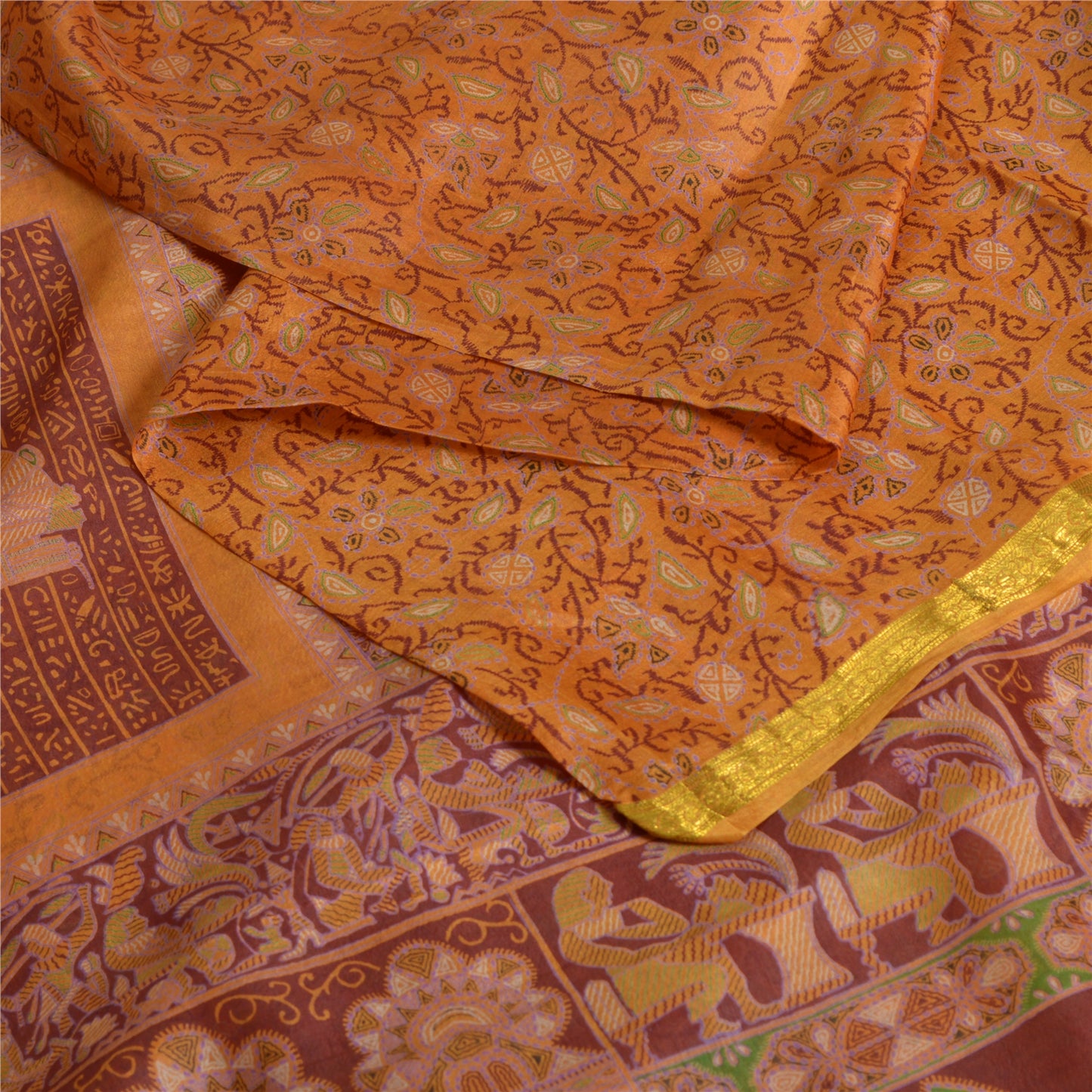 Sanskriti Vintage Sarees Indian Saffron Printed Pure Silk Sari 5yd Craft Fabric