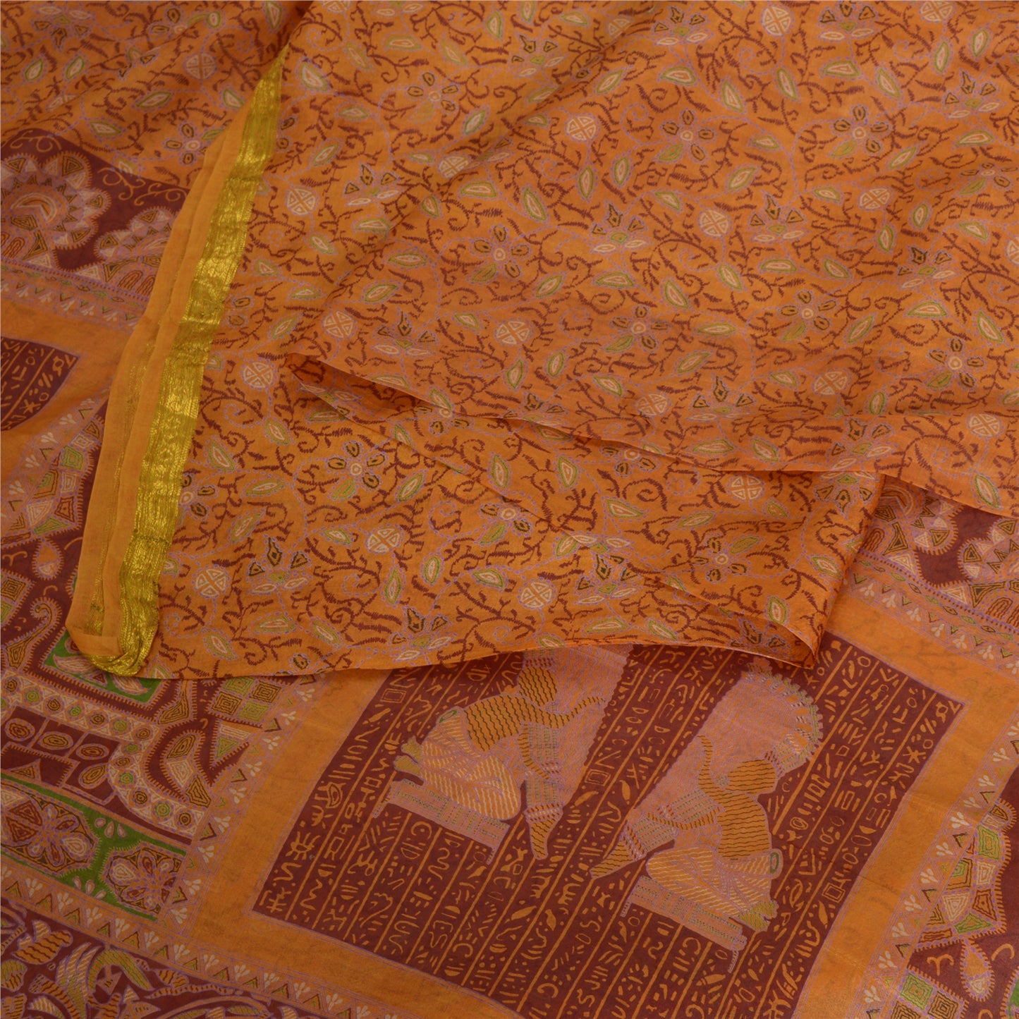 Sanskriti Vintage Sarees Indian Saffron Printed Pure Silk Sari 5yd Craft Fabric