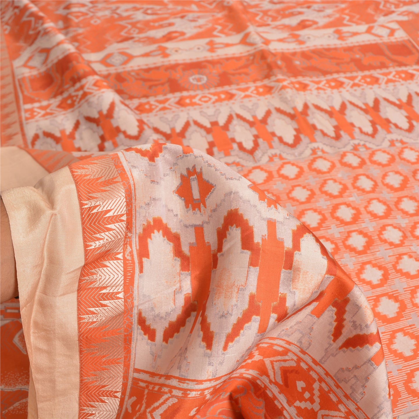 Sanskriti Vintage Sarees Orange Animal Printed 100% Pure Silk Sari Craft Fabric