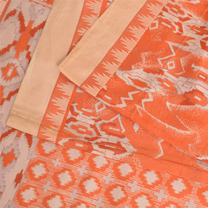 Sanskriti Vintage Sarees Orange Animal Printed 100% Pure Silk Sari Craft Fabric