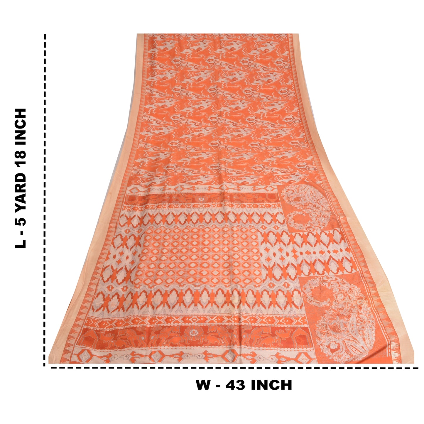 Sanskriti Vintage Sarees Orange Animal Printed 100% Pure Silk Sari Craft Fabric