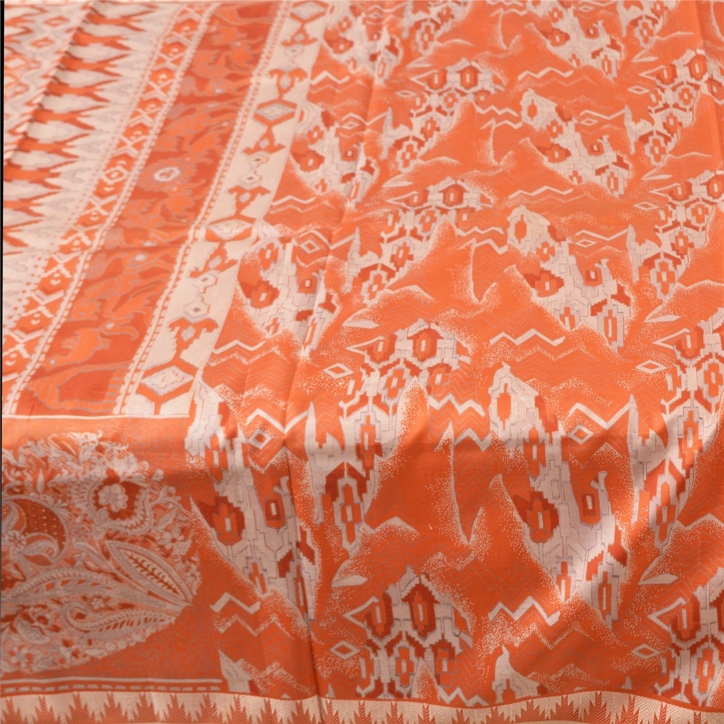 Sanskriti Vintage Sarees Orange Animal Printed 100% Pure Silk Sari Craft Fabric