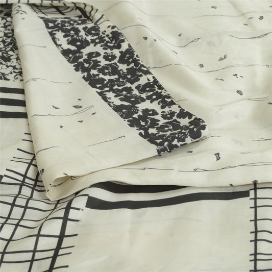 Sanskriti Vintage White/Black Sarees Pure Silk Printed Sari Craft 5 Yard Fabric