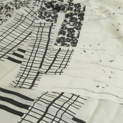 Sanskriti Vintage White/Black Sarees Pure Silk Printed Sari Craft 5 Yard Fabric