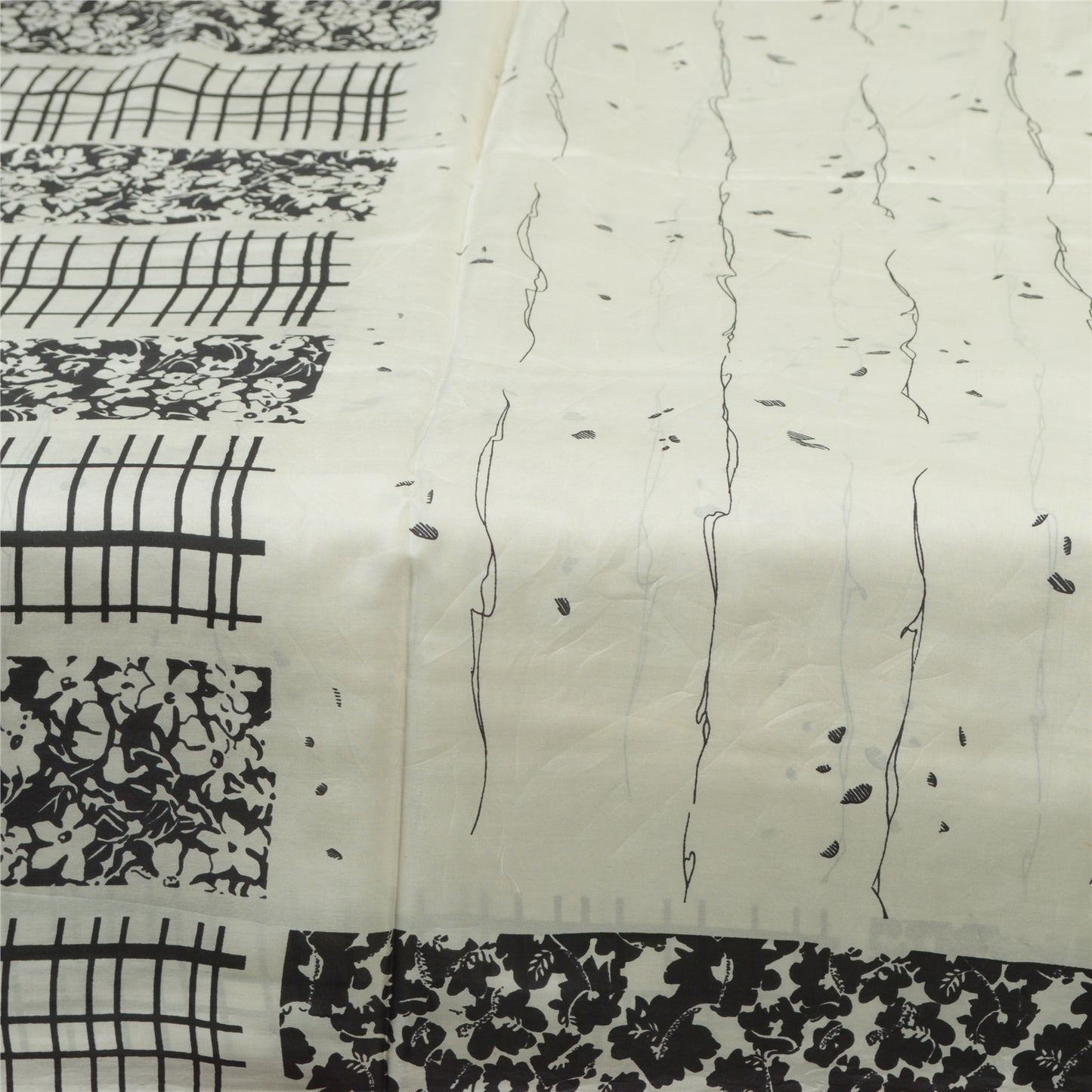 Sanskriti Vintage White/Black Sarees Pure Silk Printed Sari Craft 5 Yard Fabric