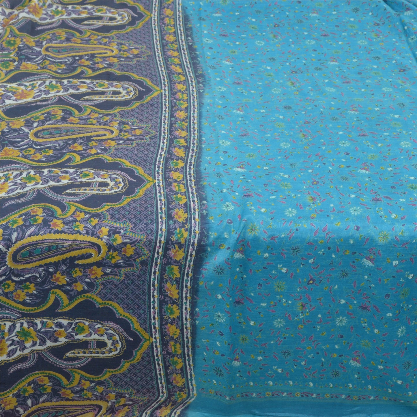 Sanskriti Vintage Sarees Blue 5yd Quilting Felting Craft Fabric Pure Cotton Sari