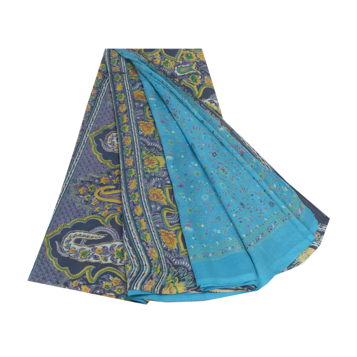 Sanskriti Vintage Sarees Blue 5yd Quilting Felting Craft Fabric Pure Cotton Sari