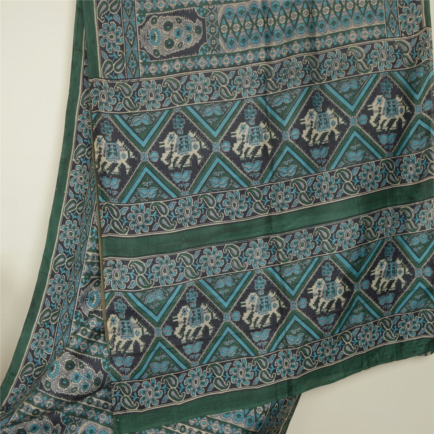 Sanskriti Vintage Sarees Green 100% Pure Silk Printed Sari Soft 5YD Craft Fabric