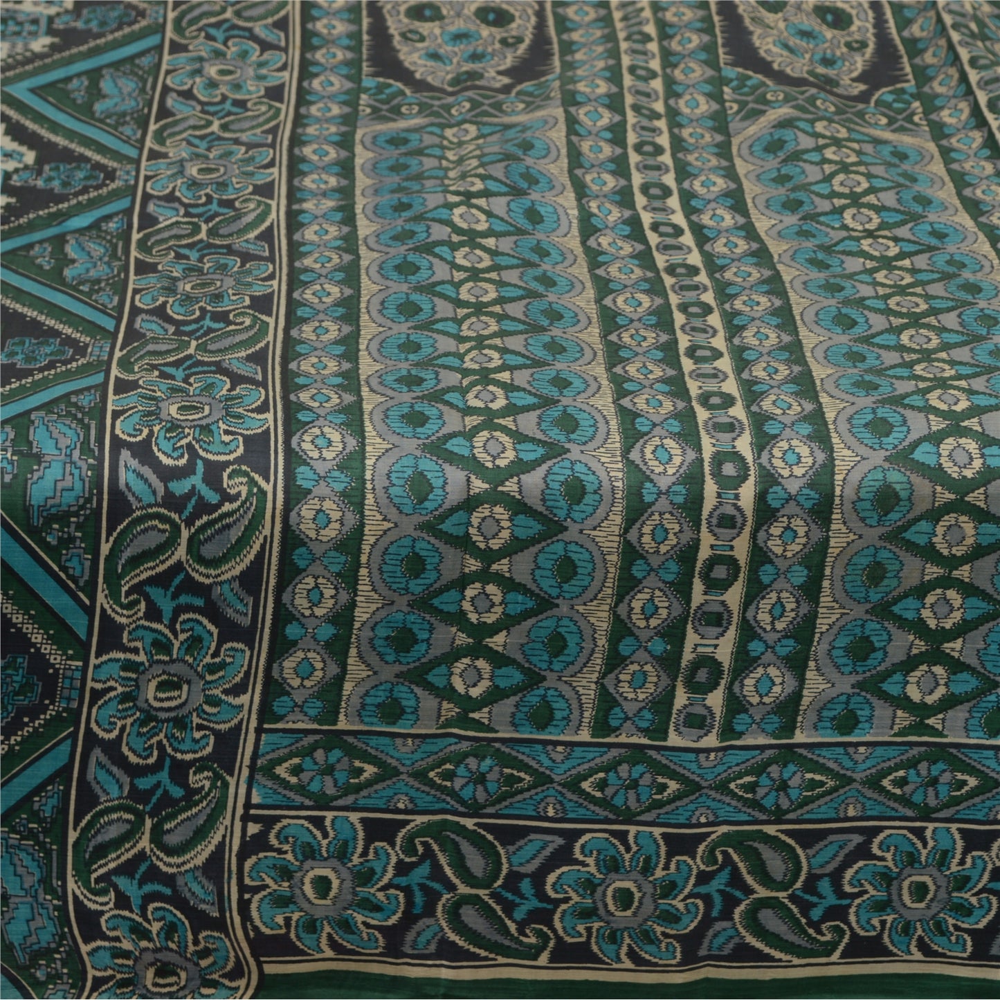 Sanskriti Vintage Sarees Green 100% Pure Silk Printed Sari Soft 5YD Craft Fabric