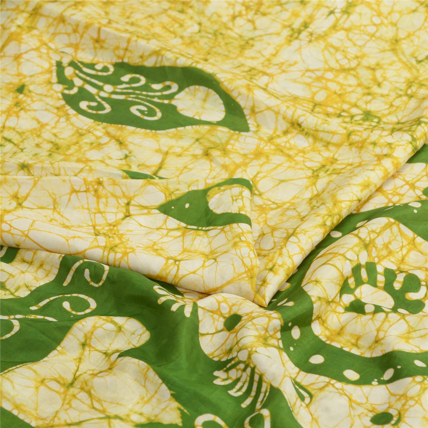 Sanskriti Vintage Sarees Cream/Green Batik Printed Pure Silk Sari Craft Fabric