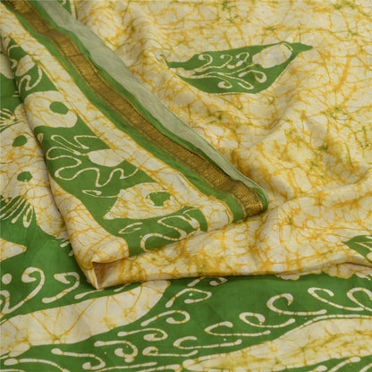 Sanskriti Vintage Sarees Cream/Green Batik Printed Pure Silk Sari Craft Fabric