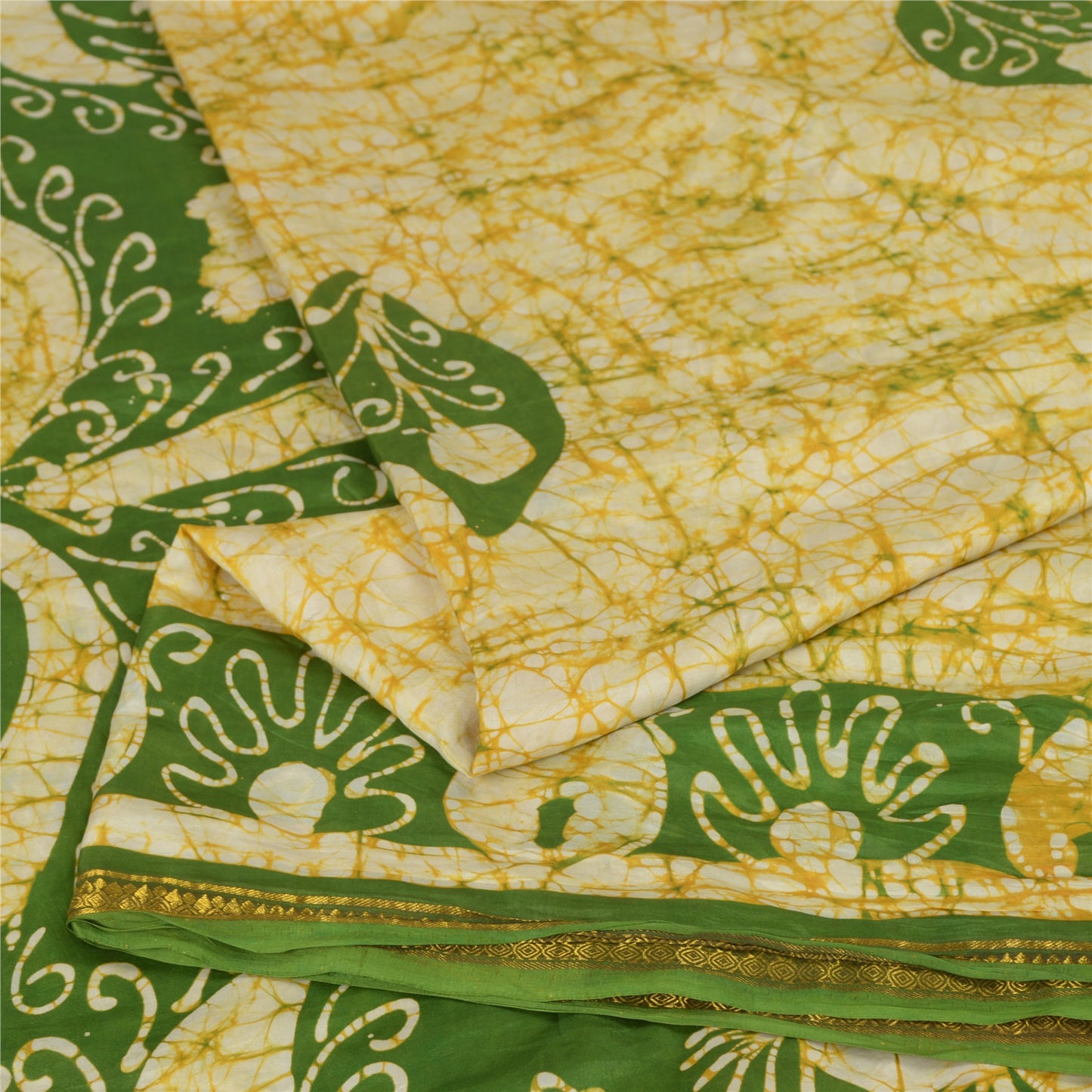 Sanskriti Vintage Sarees Cream/Green Batik Printed Pure Silk Sari Craft Fabric